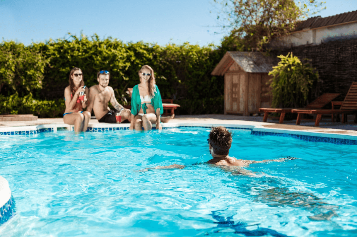 play with friend in swimming pool